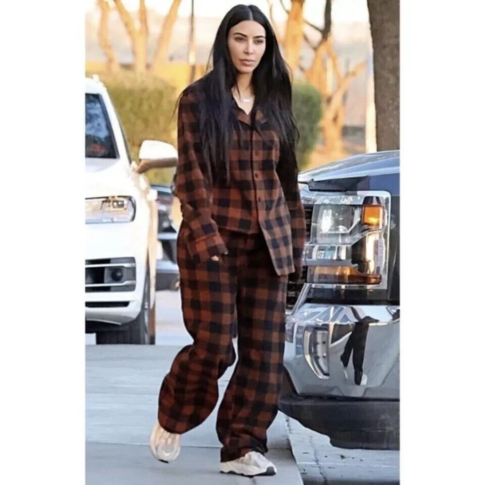 SKIMS Pants Medium Brown Fleece Oversized Baggy Jasper Buffalo Check